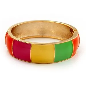 Authentic Multicoloured Enamel Hinged Bangle Bracelet In Gold Plated Metal - 18cm Length