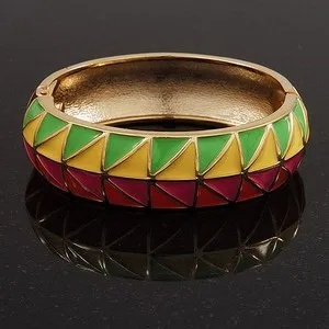 Authentic Multicoloured Enamel Oval Hinged Bangle Bracelet In Gold Plated Metal - 18cm