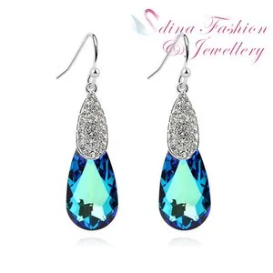 Authentic 18K White Gold Plated Made With Swarovski Crystal Teal Teardrop Dangle Earrings