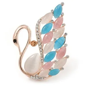 Authentic Gold Plated Multicoloured Cat Eye Stone, Clear Crystal Swan Brooch - 45mm L