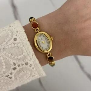 Authentic Gold plated multicoloured gemstone mini vintage antique bracelet wrist watch