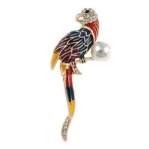 Authentic Multicoloured Enamel, Diamante Exotic Parrot Bird Brooch In Gold Plated Metal -