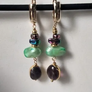 Authentic Dangle Drop Gold Plated Multicoloured Pearls And Amethyst Earrings
