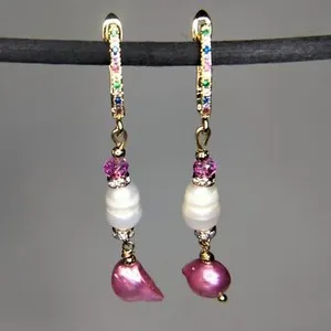 Authentic Dangle Drop Gold Plated Multicoloured Pearls Earrings