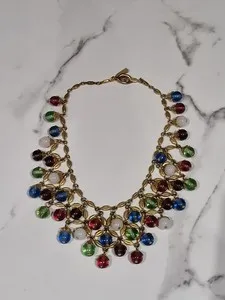 Authentic Rare LuLu Guinness Gold Plated Lip & Multicoloured Glass Bib Statement Necklace