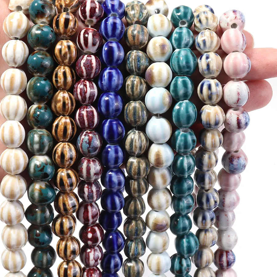 Authentic 28pcs/lot Fancy Glaze Ceramics Beads Multicoloured Pumpkin Stripes Loose Beads For DIY Jewelry Making Bracelet Necklace ﻿