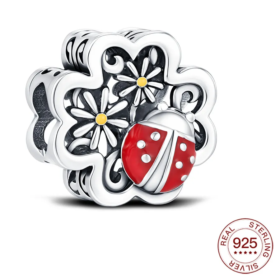 Authentic Lucky 925 Sterling Silver Ladybug Daisy Four-leaf Clover Charms Pendants Fit Original Bracelet DIY Holiday Jewelry