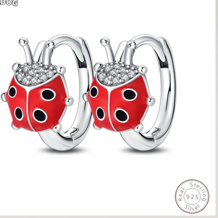 Authentic 925 Sterling Silver Earrings Shiny Ladybug Zircon Jewelry