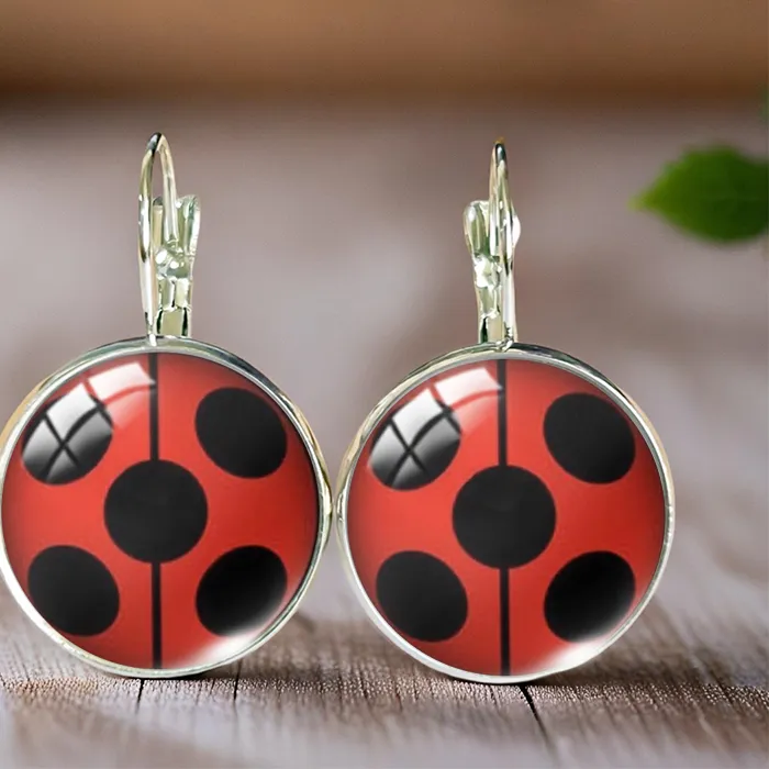Authentic 2025 Ladybugs Ear Clip Round Earring Glass Cabochon Art Printed Jewelry