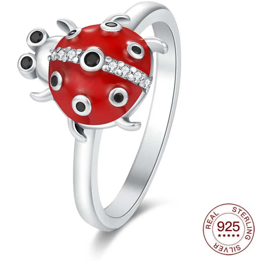 Authentic Pure Silver Creative Insect Ring Cute Seven-spotted Ladybug Ring Women's Jewelry Daily Original Design