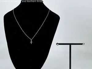 Authentic 925 Sterling Silver 18" CZ Cross Necklace W/ CZ Stud Earrings Gold Plated 2.61g