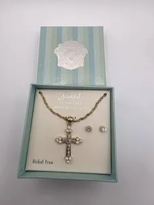 Authentic Gold Plated Austrian Crystal Cross Necklace And Earrings Still In Box