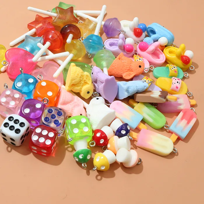 Authentic 10PCS Resin Pendant Charms Rabbit Dice Lollipop Ice Cream Random Mix Pendant Decoration for Keychain Jewelry Making Supplies