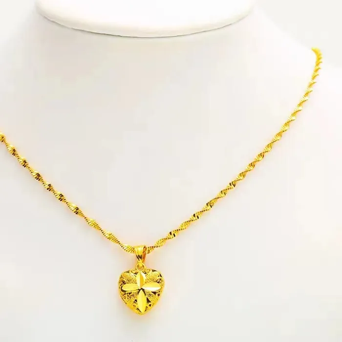 Authentic Hollow Heart Pendant for Women, 24K Gold, AU999 | Double-layered hollow heart with diamond stars, dreamy love symbolism.