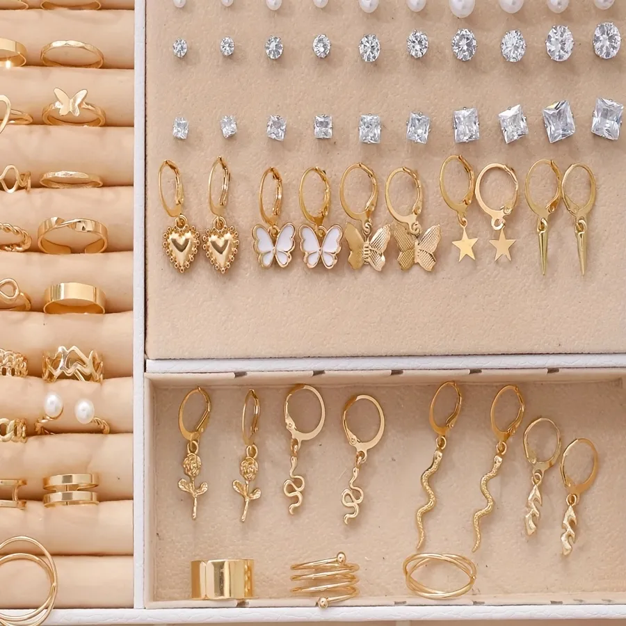 Authentic 70Pcs Earrings Ring Jewelry Set Including Heart-shaped Snake Shape Butterfly Infinite Symbol Women's Daily Party Jewelry