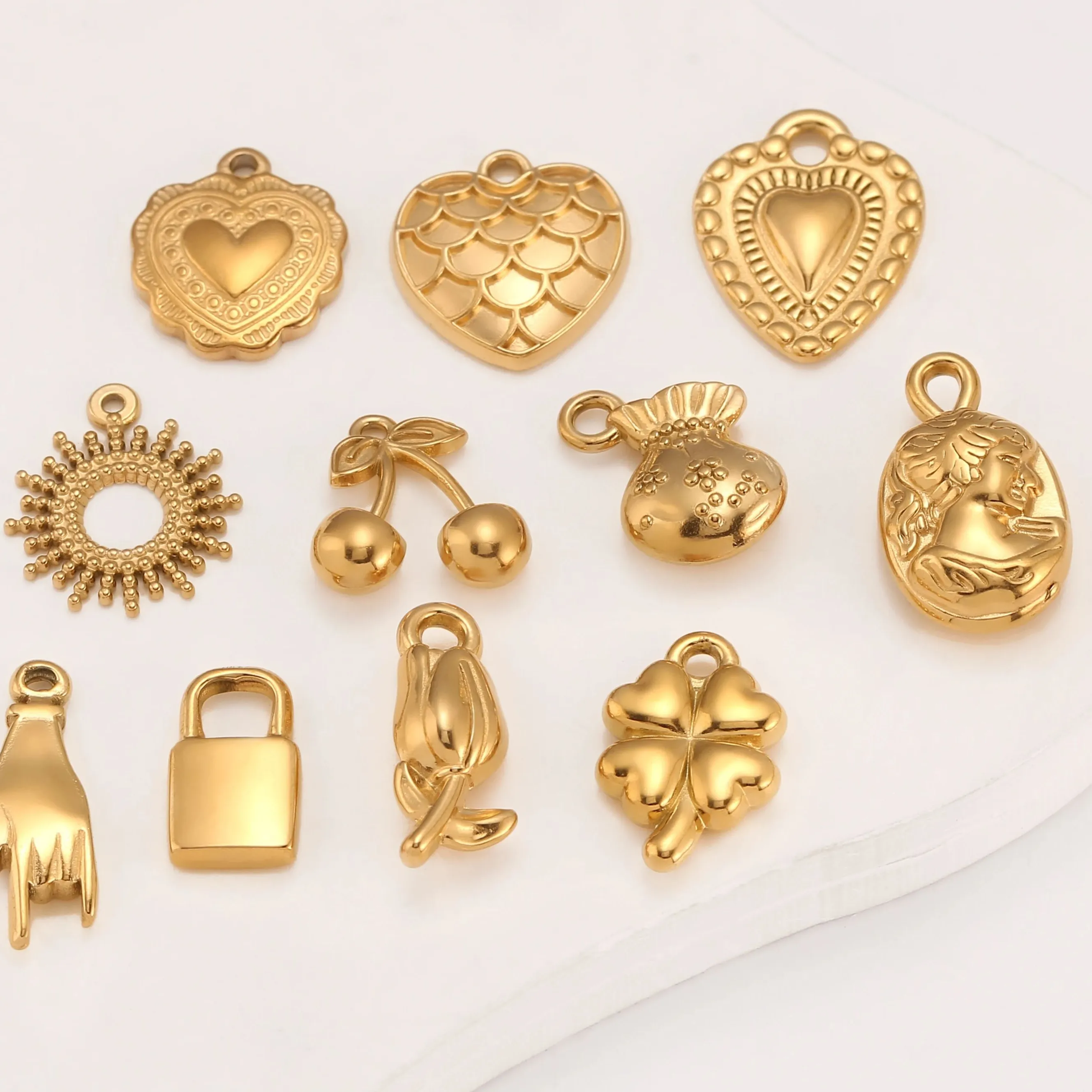Authentic 3Pcs Heart/Padlock/Clover Charms Love Hand Symbol Pendants No Fade DIY Necklace Bracelet Jewelry Making Supplies
