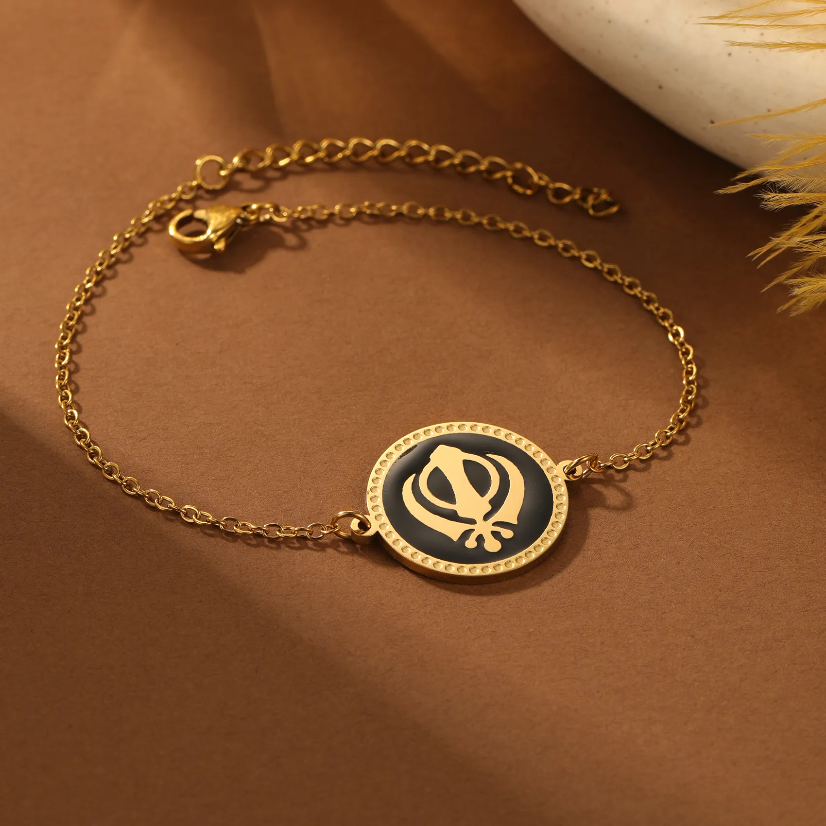 Authentic KHANDA Symbol Bracelet Customized Name on The Back Sikh Bracelet Black Enamel Bracelet for Men Sikh Jewelry