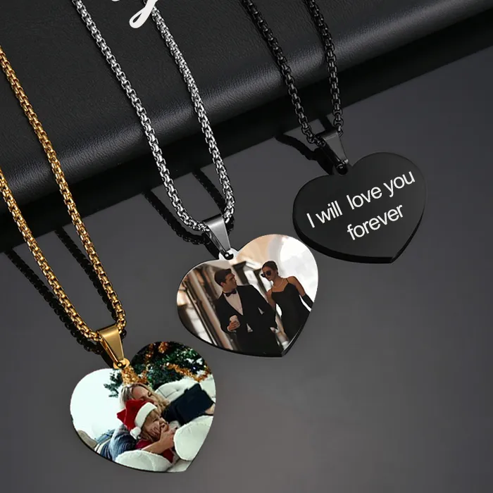 Authentic Azimiby Customized Heart Pendant Engraved Color Photos For Women Men Engraved Text Symbols Necklace Jewelry