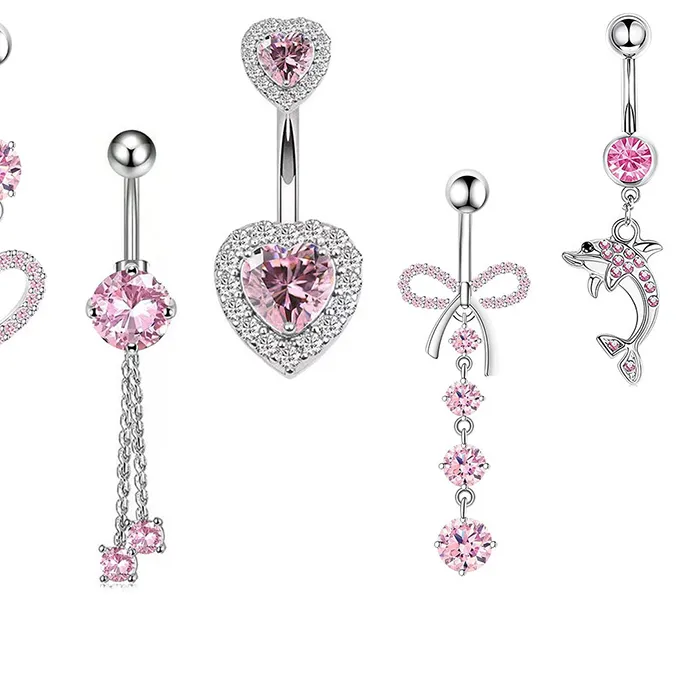 Authentic 1PCS Pink Crown Belly Button Rings Jewelry Heart Navel Piercing Barbell Crystal Cute Belly Rings For Women Girls