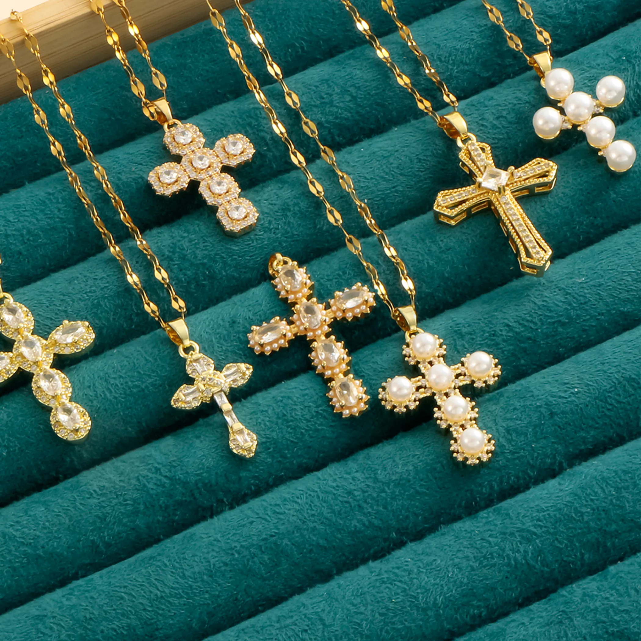 Authentic Radiant Luminescence Cross: 18k Gold-Plated Pearl Shell and Zircon Talisman