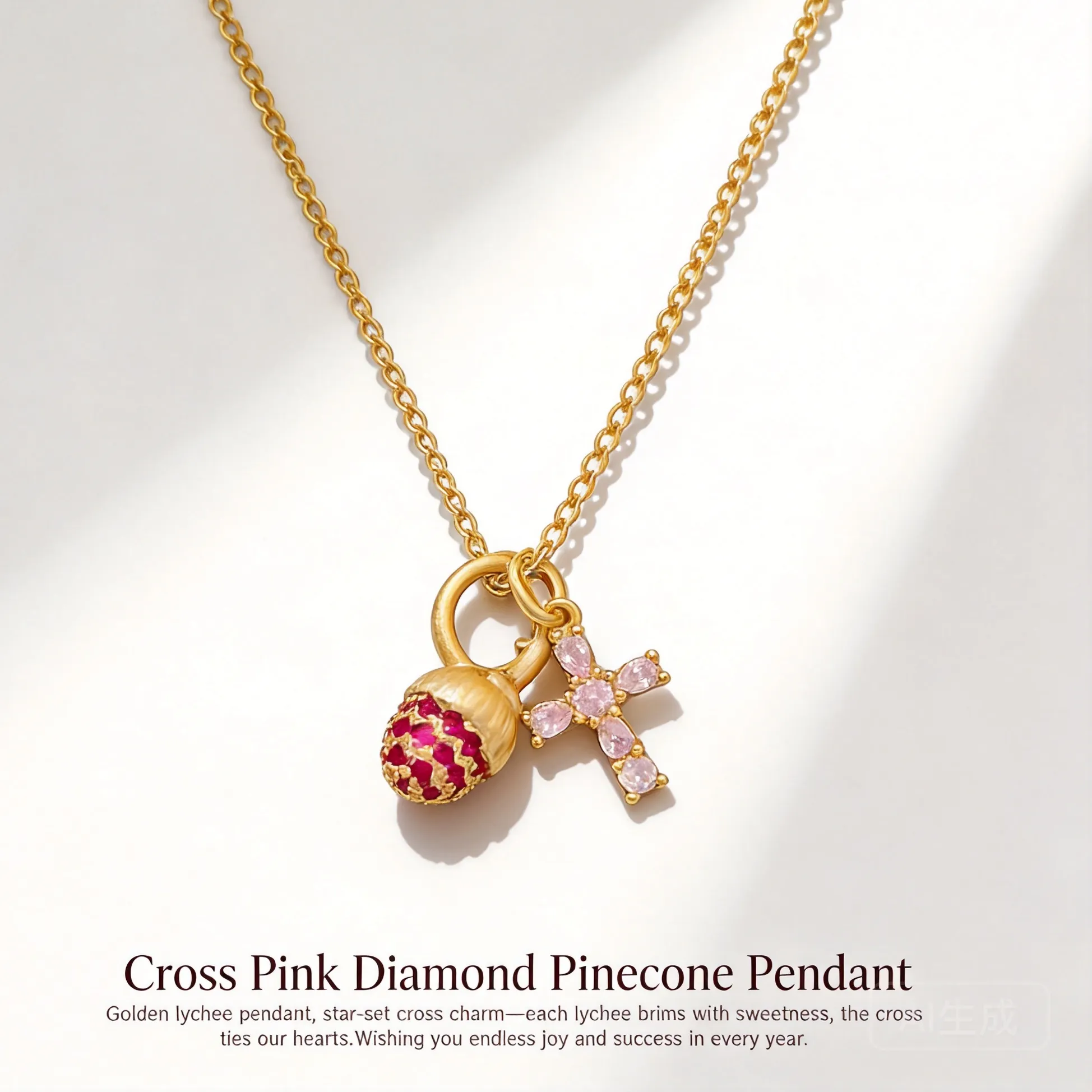 Authentic The Gilded Pine Blessing: 18k Gold Plated Zircon Cross and Pine Cone Talisman