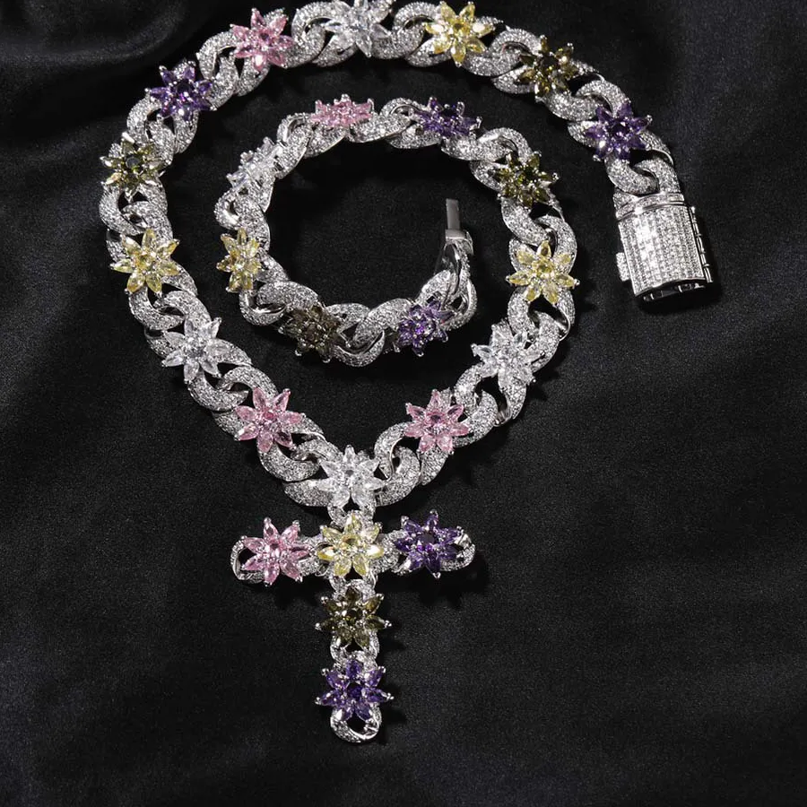 Authentic 15mm Colorful Ice Flower Cross Cuban Chain Zircon Diamond Iced Out Necklace For Men Fashion Hip Hop Jewelry Copper Free Shipping