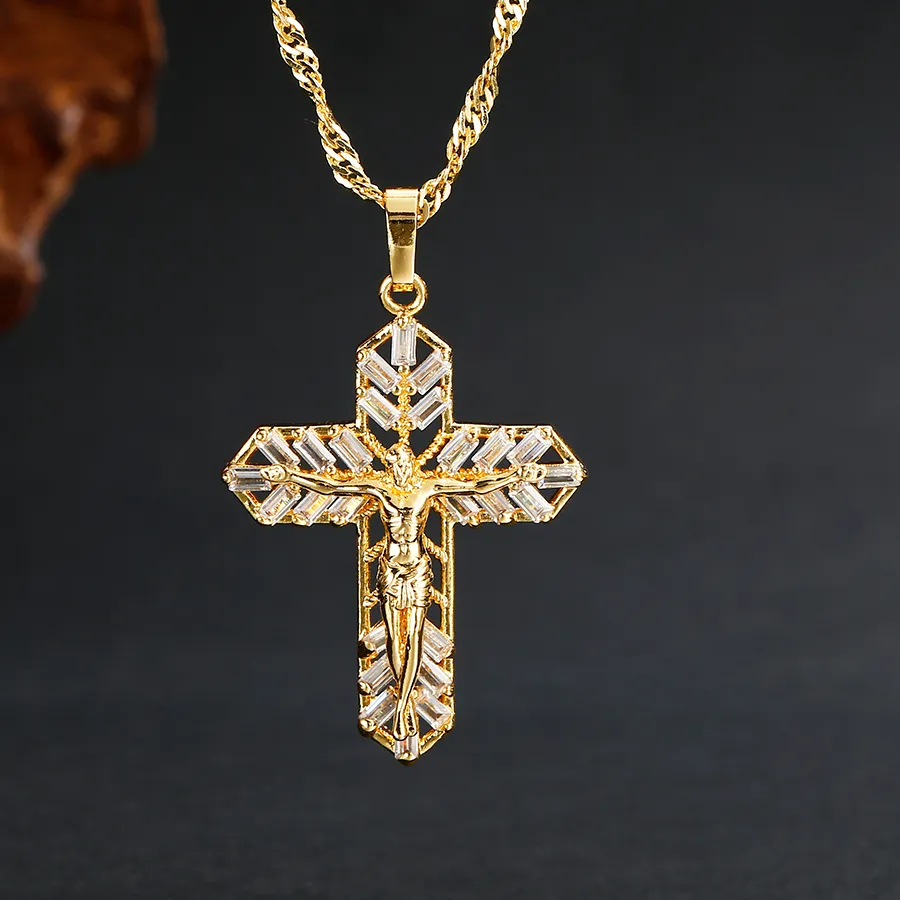 Authentic Inlaid with vermiculite cross shelf Jesus pendant necklace copper plated 14K gold fashion jewelry men and women praying amulets