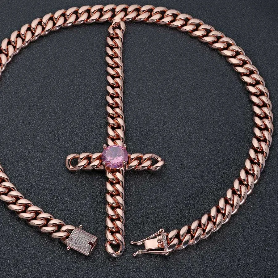 Authentic Hip Hop 16mm Big Pink Brass CZ Cross Pendant Jewelry Rose Gold Plated Stainless Cuban Chain Custom Necklace