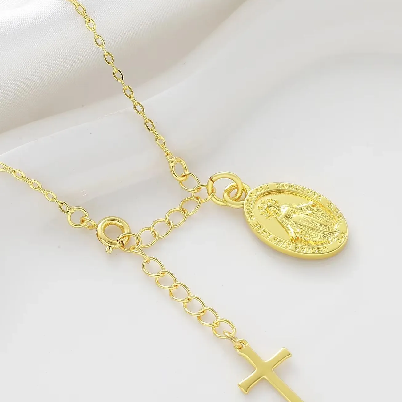 Authentic SUNSLL Vintage Gold Plated Zircon Inlaid Elliptical Madonna Cross Pendant Necklace For Women Clavicle Chain Couple Jewelry