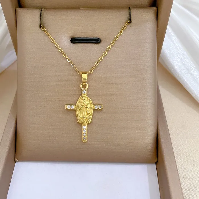 Authentic Elegant 18K Gold-plated Virgin Mary Cross Copper Inlaid Zircon Pendant Necklace for Women Devout Believers Faith Jewelry Gift
