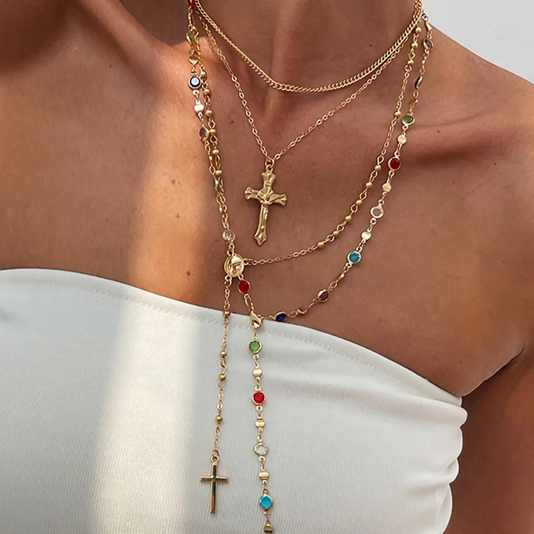 Authentic Vintage Adjustable Gold Color Long Chain Exquisite Luxury Inlaid Rhinestone Cross Pendant Necklace for Women Jewelry