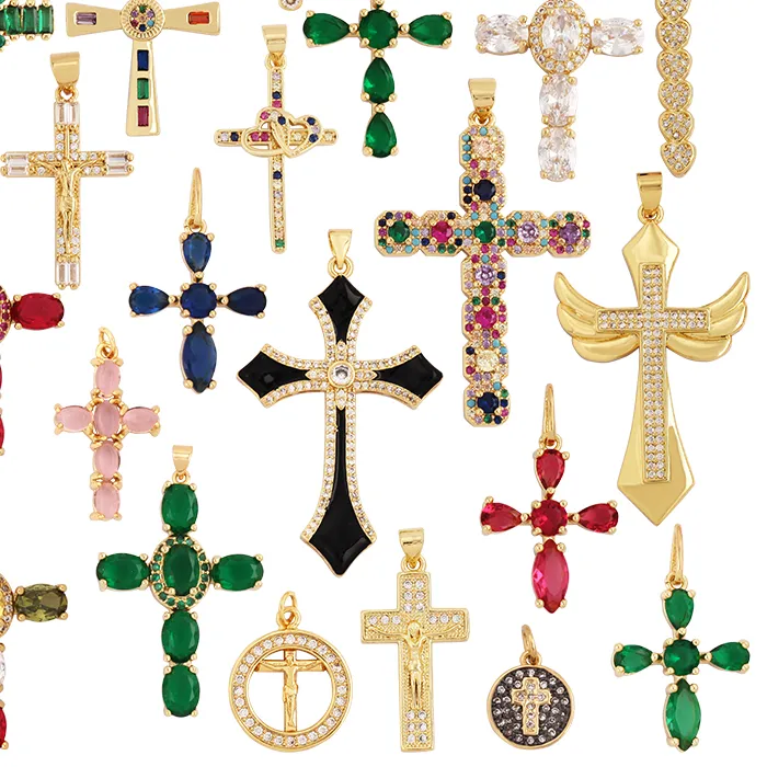 Authentic Cross Religious Style Charm Pendant,Gold Plated Inlaid Colorful Cubic Zirconia Jewelry Necklace Bracelet Accessories Supply M51