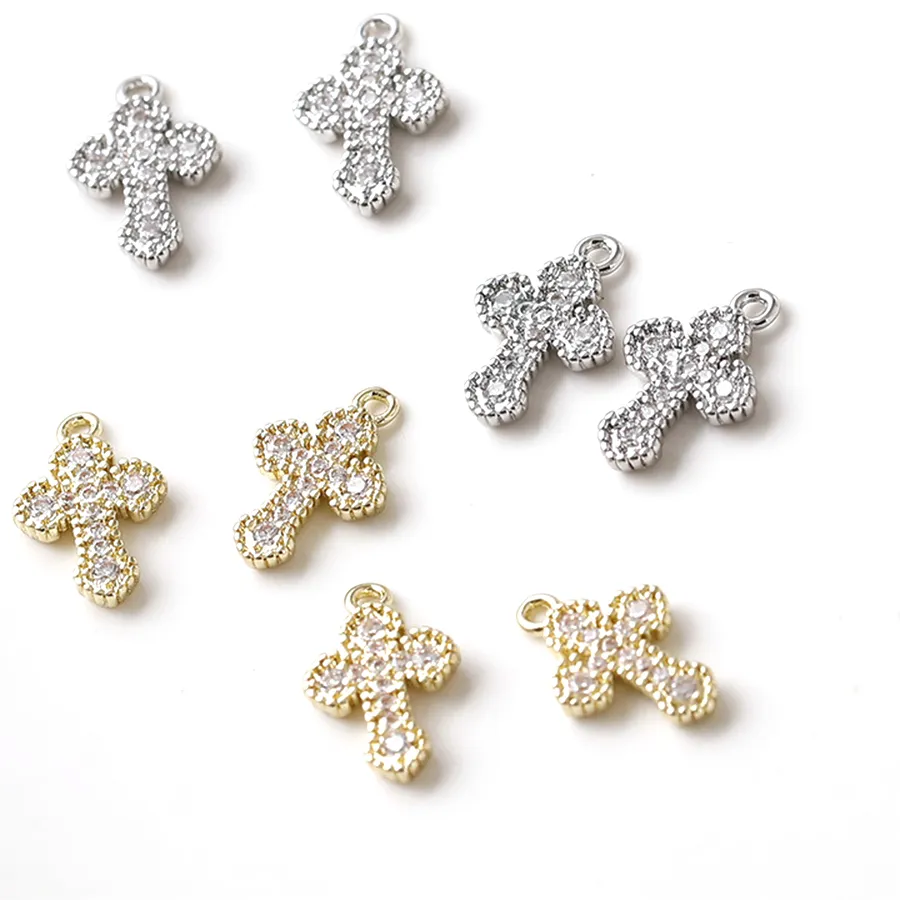 Authentic 6 Pieces Brass Plated with 14k Genuine Gold Inlaid Zircon Cross Pendant DIY Jewelry Making Necklace Bracelet Accessory Materials