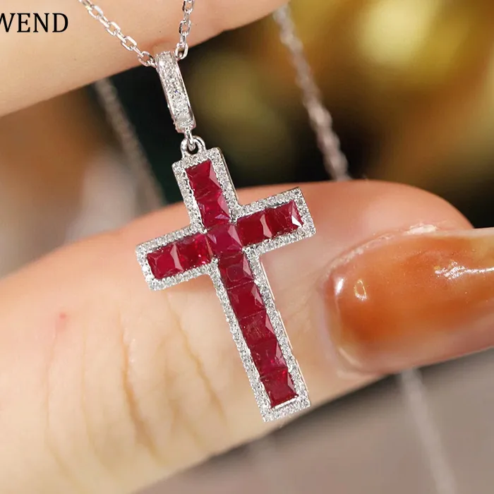 Authentic LUOWEND 100% 18K White Gold Necklace Classic Cross Pendant Shiny Diamond Real Natural Ruby Necklace for Women Birthday Gift
