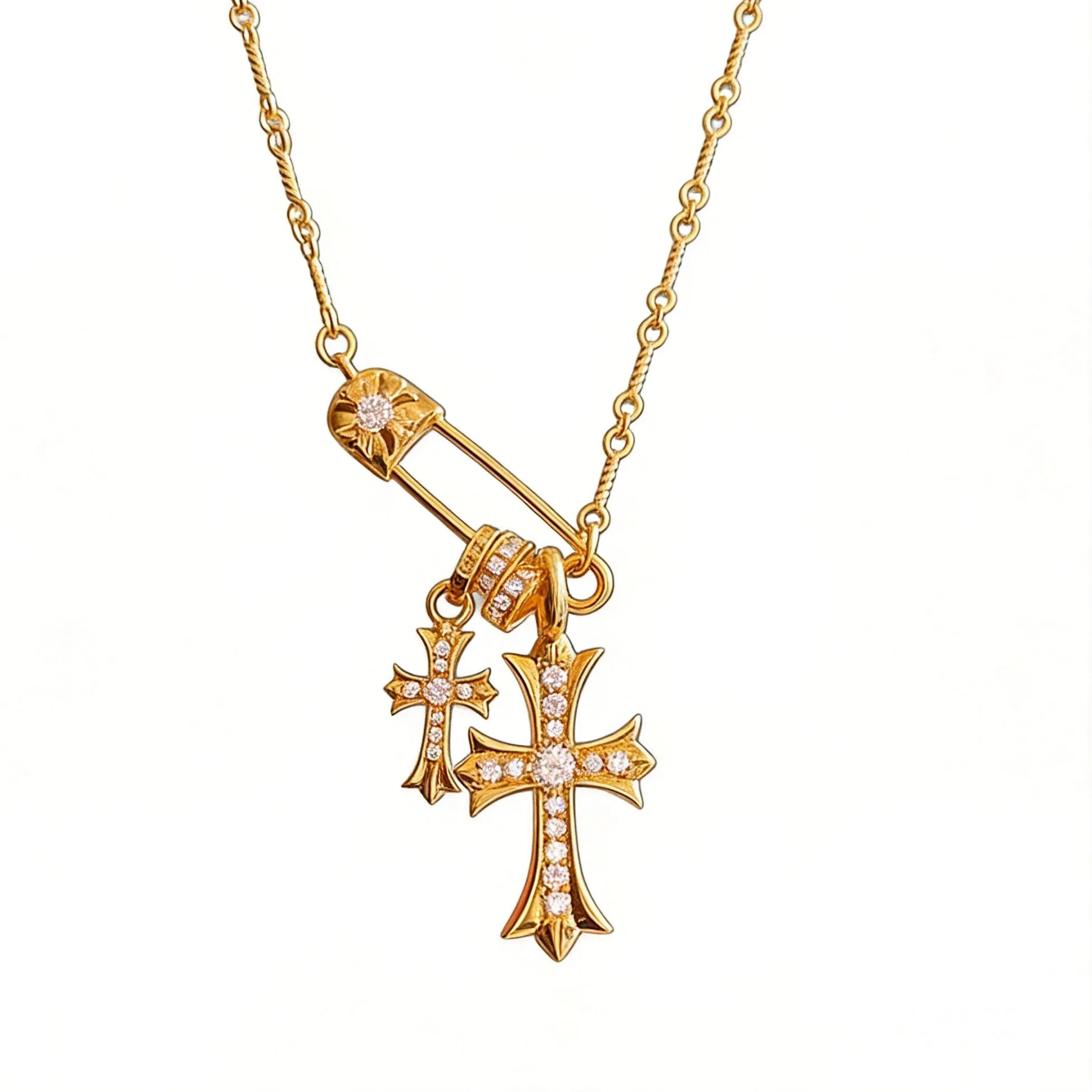 Authentic Lucky Auspicious Gold Plated Safety Pin Double Cross Pendant Necklace Micro Inlaid Zircon Dainty Clavicle Chain For Women Trendy