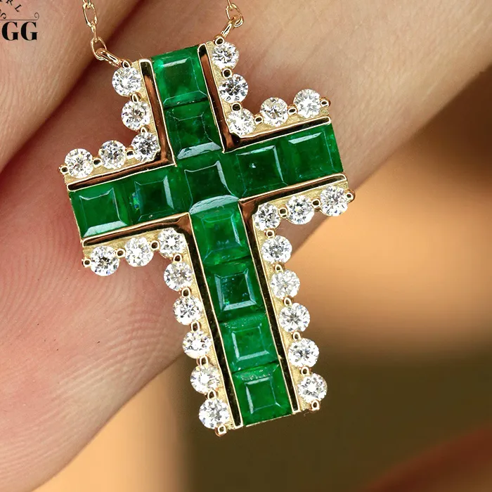 Authentic KUGG 100% 18K Yellow Gold Necklace Elegant Cross Pendant Luxury Diamond Natural Emerald Necklace for Women High Party Jewelry