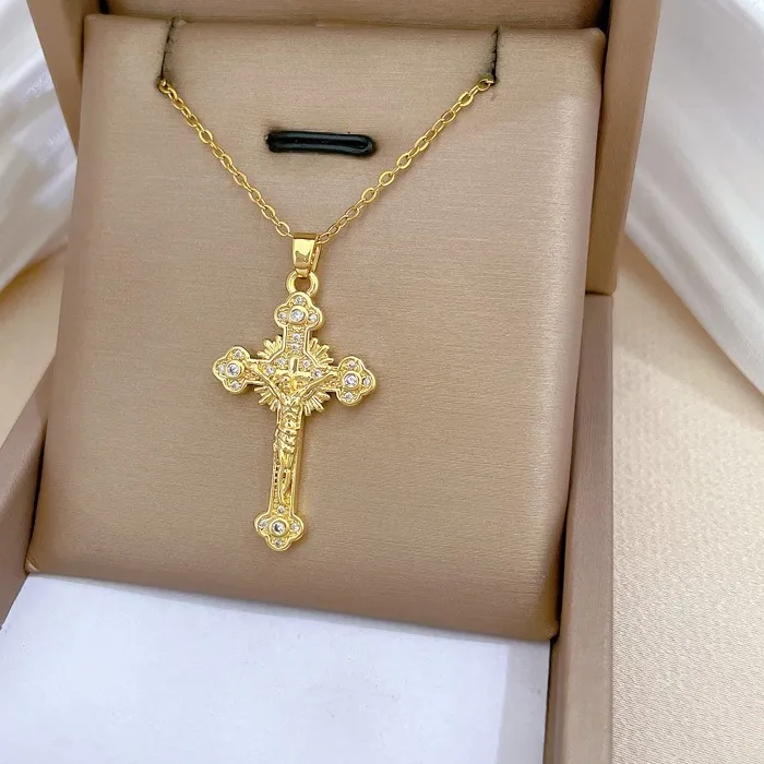 Authentic 18K Gold Copper Inlaid Zircon Crucifixion Jesus Cross Pendant Necklace Fashion Women's Necklace Prayer Blessing Jewelry Gift