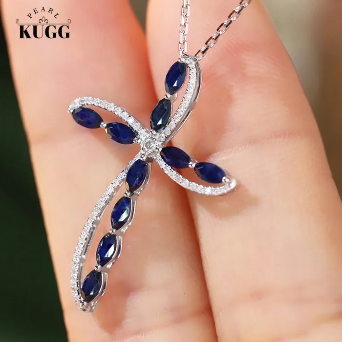 Authentic KUGG 100% 18K White Gold Necklace Romantic Cross Pendant Shiny Diamond Natural Sapphire Necklace for Women High Birthday Gift