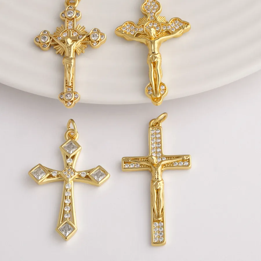 Authentic OCESRIO White Crystal Big Cross penant for Necklace Copper Gold Plated Inlaid Jesus Religious Jewelry Making Supplies pdtb875