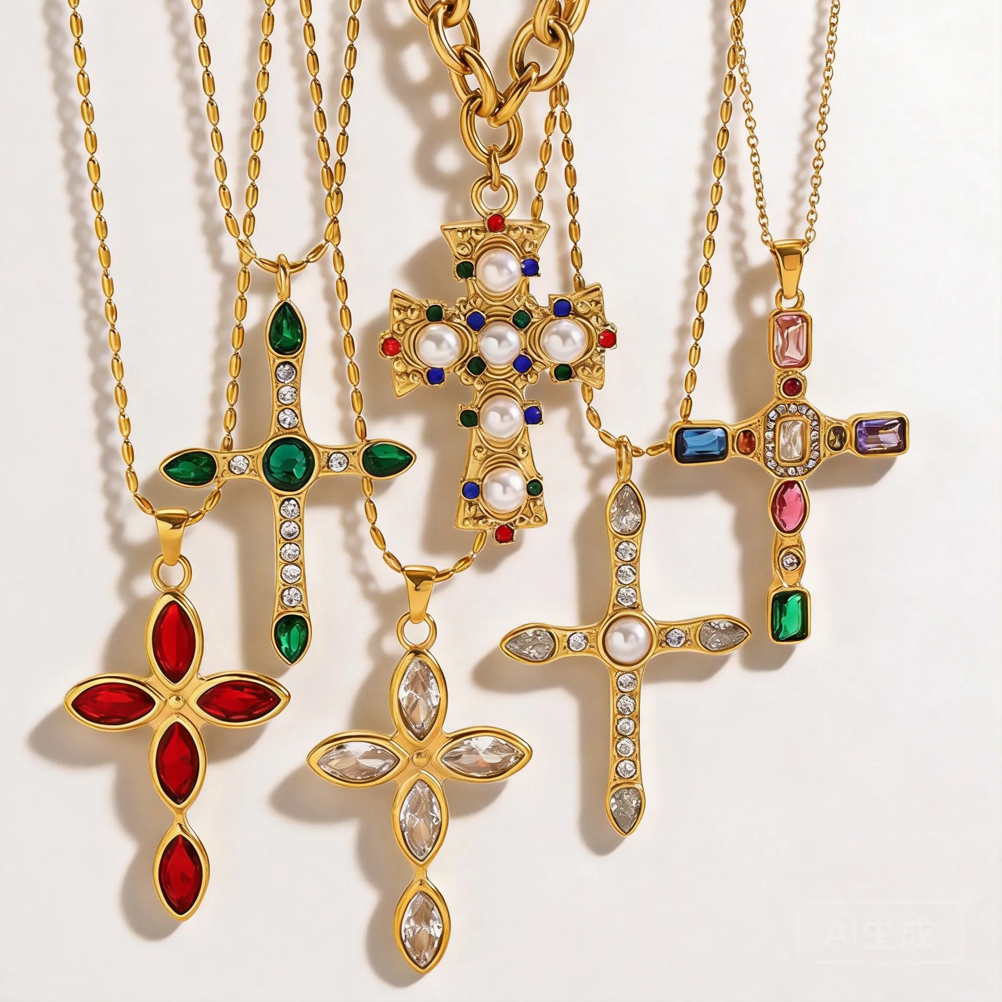 Authentic Vintage Lucky Blessing Cross Pendant Necklaces For Women 18k Gold Plated Stainless Steel Colorful Gemstone Pearl Inlaid Trendy