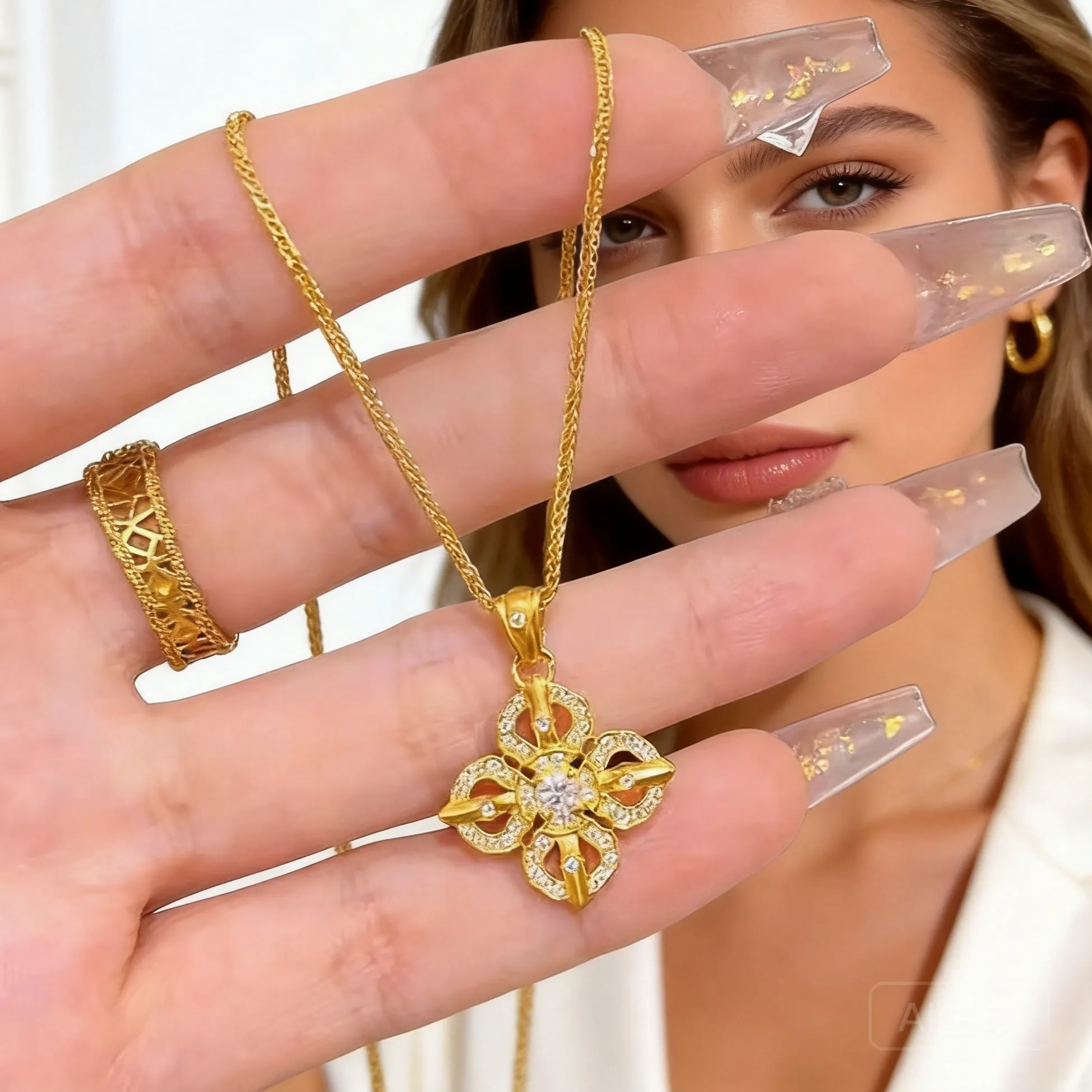 Authentic 2026 Light Luxury Ancient Chinese Sand Gold Plated Cross Vajra Pendant Necklace Full Inlaid Zircon Long Color Retaining Clavicle