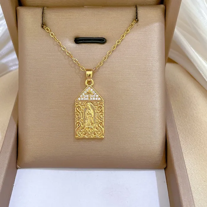 Authentic 18K Gold-plated Cross Church Virgin Mary Copper Inlaid Zircon Pendant Necklace for Women Devout Believers Faith Jewelry Gift