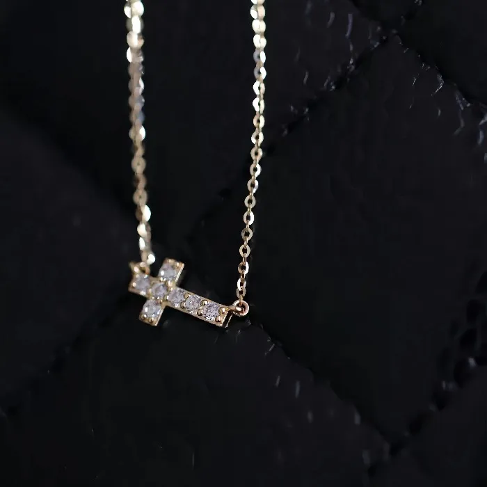 Authentic S925 Sterling Silver Plated 18K Gold Inlaid Zircon Exquisite Cross Necklace for Women Japanese Temperament Clavicle Chain