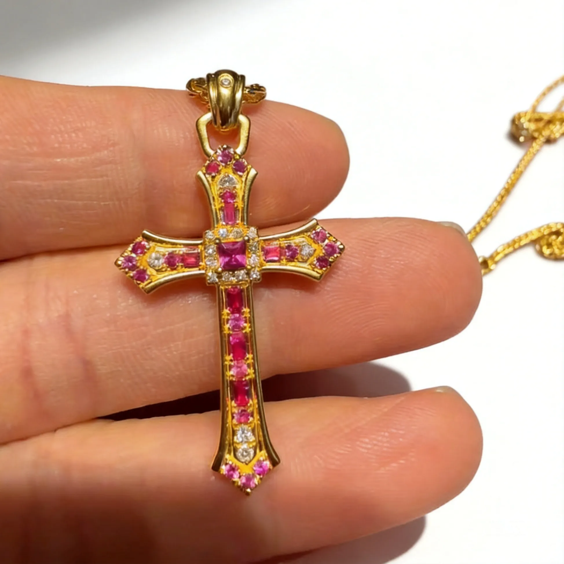Authentic 2026 24K Gold Plated Tarnish Resistant Ruby Inlaid Cross Pendant Necklace For Women Daily Wear Party Gift With Optional Chopin