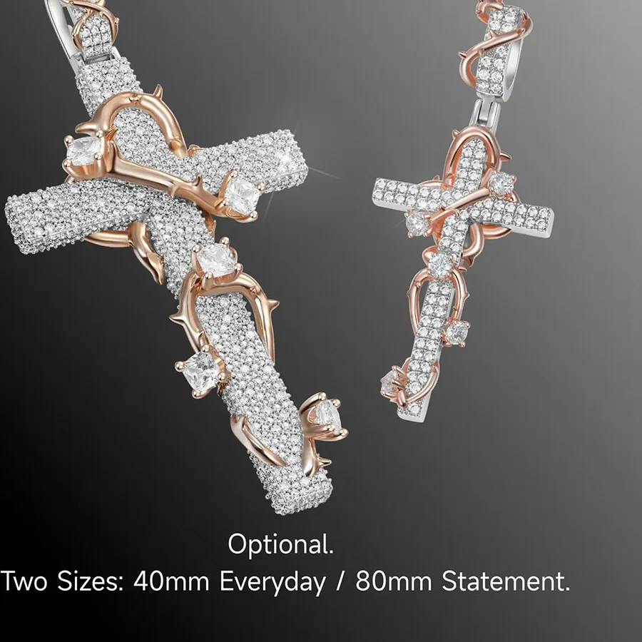 Authentic Nuoya Rose Gold Plated Thorns and Flowers Silver Plated Cross Pendant 40/80MM Hight Full Iced Out CZ Necklace Hip Hop Jewelry