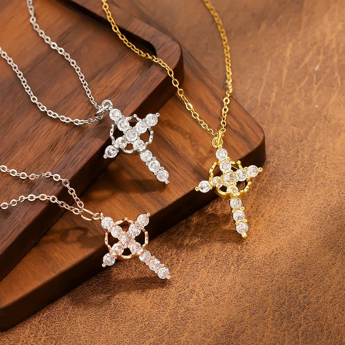 Authentic Inlaid Cubic Zirconia Cross Pendant Necklace, Gold Silver Rose Gold Plated Sparkling Chain Jewelry for Women Daily Party Gift