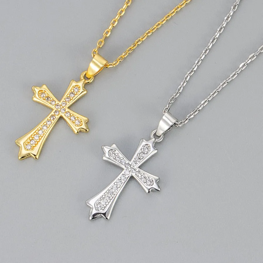 Authentic Vintage CZ Inlaid Cross Pendant Necklace, Gold/Silver Plated Religious Christian Necklace for Men/Women
