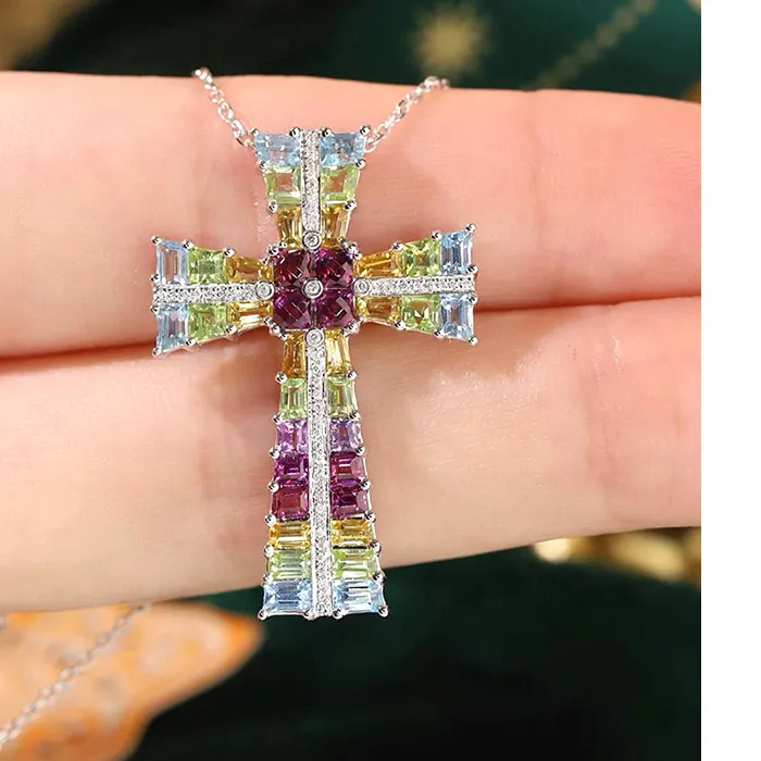 Authentic Radiant Spectrum Cross Pendant in 18K White Gold with Natural Gemstones and Diamonds
