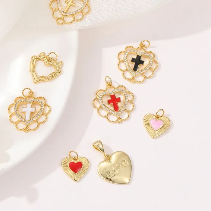 Authentic 14K Gold Plated Brass Inlaid Zircon Religious Cross Heart Enamel Charms For Bracelet Necklace Jewelry Making Accessories