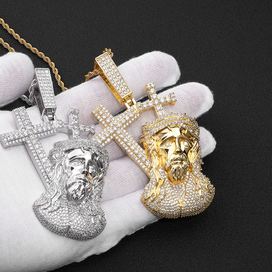 Authentic Nuoya New Jesus Pressure Cross Head Pendant Trendy Unisex Copper Electroplated Gold Vintage Micro-inlaid Zircon Necklace.